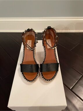 Valentino Black Leather Rockstud Wedges